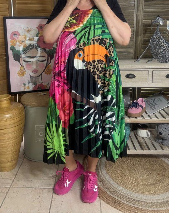 Robe courte plissée bretelles ajustables Jungle Spirit Toucan du 36 au 46