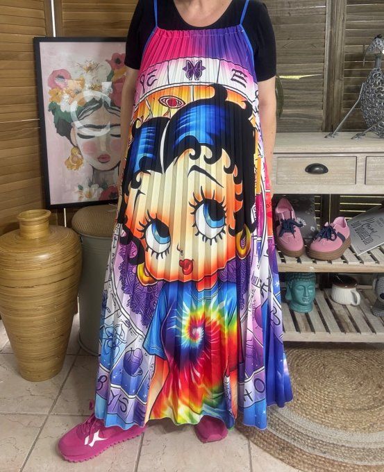 Robe longue plissée bretelles ajustables Arc-en-Ciel Betty Boop du 38 au 48/50