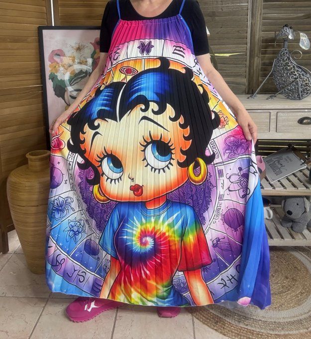Robe longue plissée bretelles ajustables Arc-en-Ciel Betty Boop du 38 au 48/50