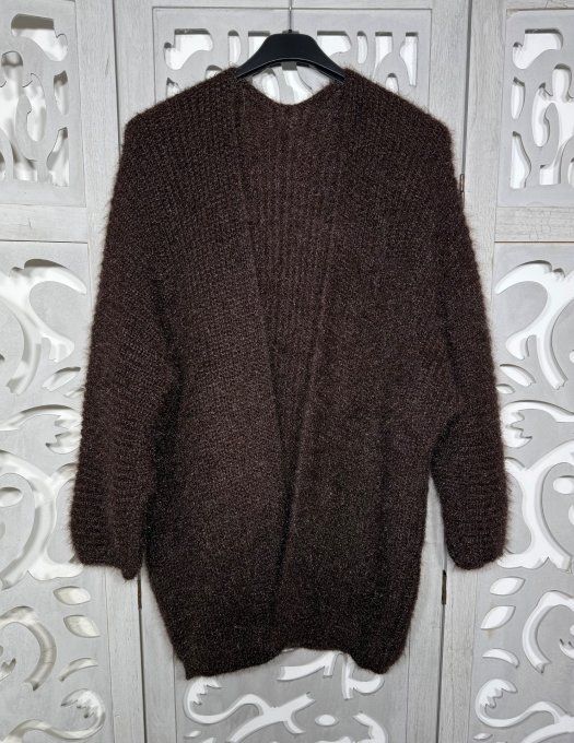 Gilet ample SANS LAINE chocolat manches 3/4 maille duveteuse irisée douceur +++ du 38 au 50/52