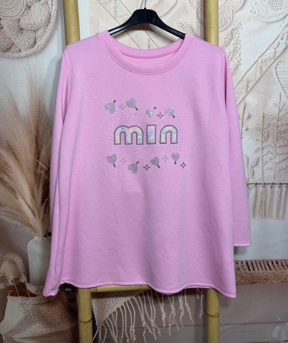 Sweat trapèze ample rose bébé Min dentelle arc-en-ciel et strass argentés du 38 au 48/50