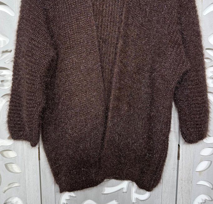 Gilet ample SANS LAINE chocolat manches 3/4 maille duveteuse irisée douceur +++ du 38 au 50/52