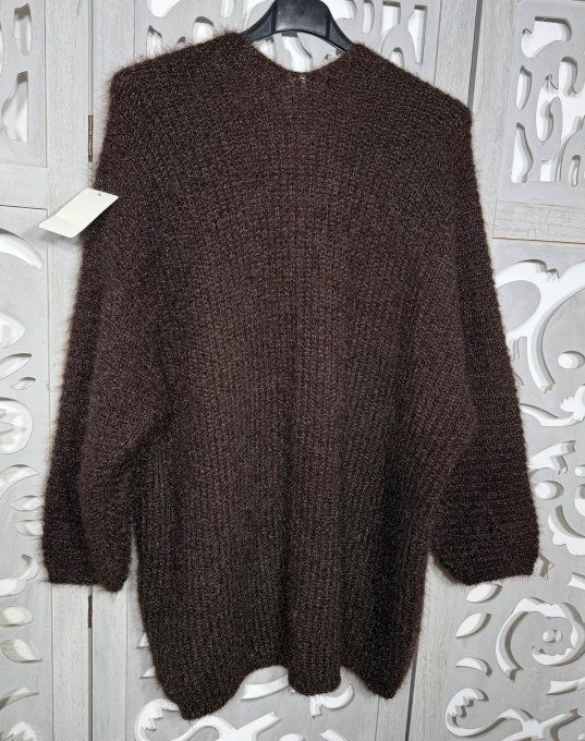 Gilet ample SANS LAINE chocolat manches 3/4 maille duveteuse irisée douceur +++ du 38 au 50/52