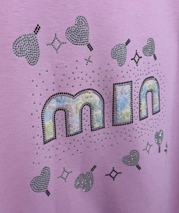 Sweat trapèze ample rose bébé Min dentelle arc-en-ciel et strass argentés du 38 au 48/50