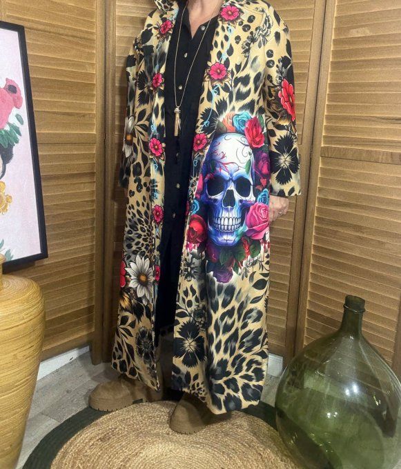 Manteau sans laine long droit ample fleurs camel Mexican Skulls du 40 au 48 