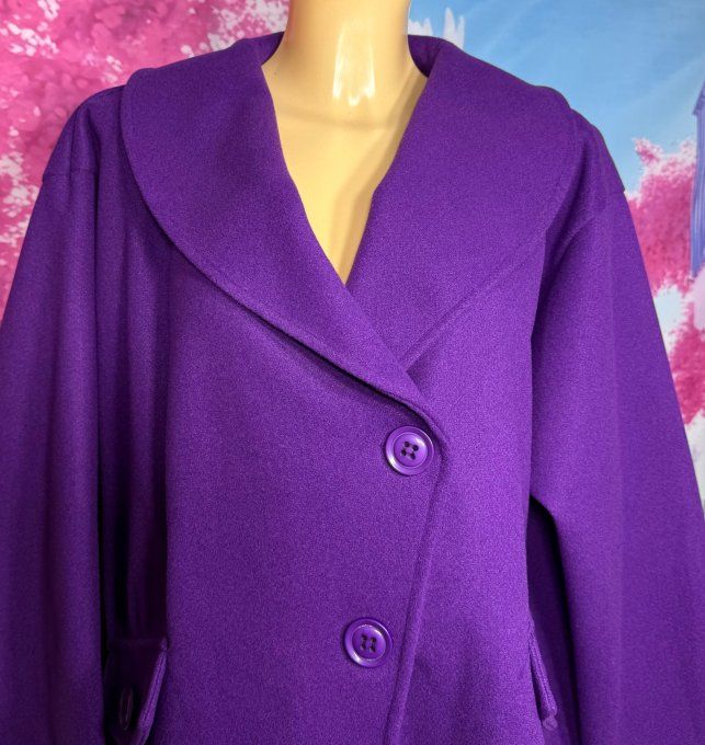 Manteau sans laine court & ample Aubergine fermeture asymétrique du 42 au 54 et même + 