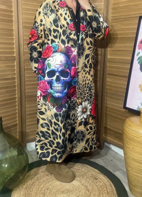Manteau sans laine long droit ample fleurs camel Mexican Skulls du 40 au 48 