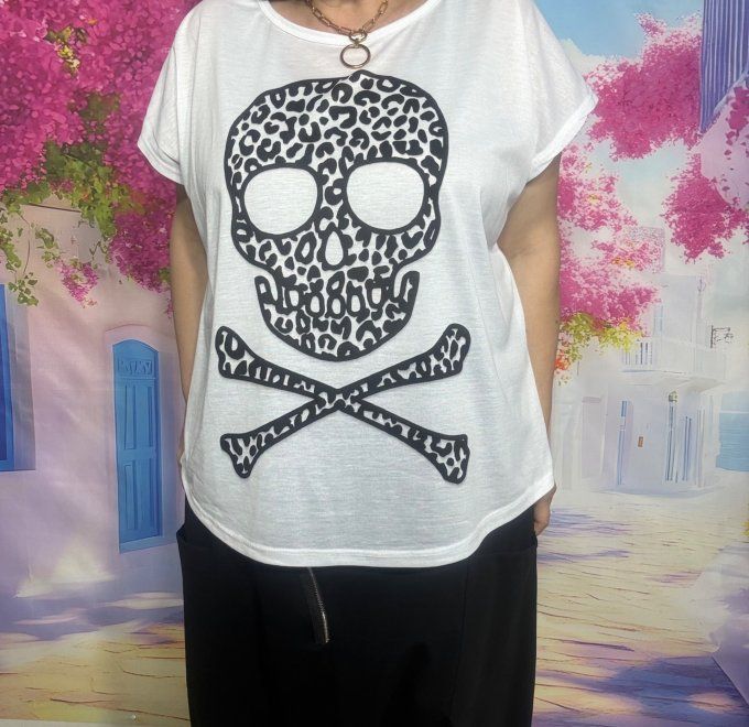Tee-shirt ample blanc Skulls Calavera TDM Léopard du 38 au 50/52