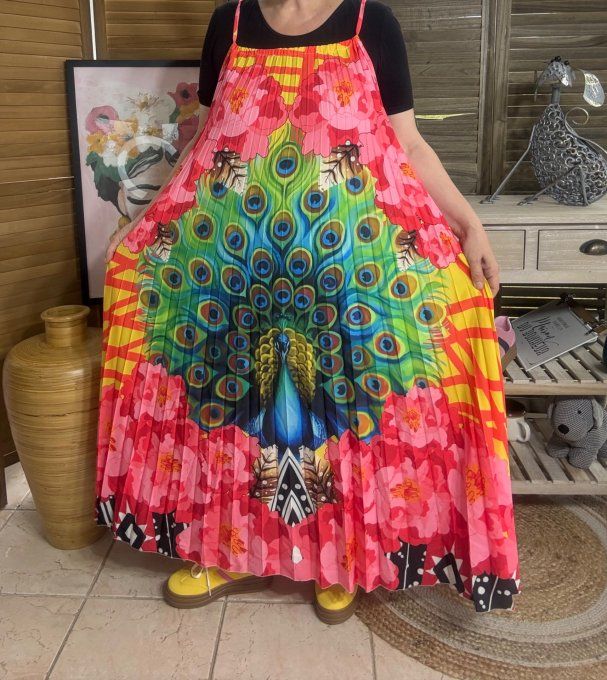 Robe longue plissée bretelles ajustables multicolore Le Paon Majestueux du 38 au 48/50
