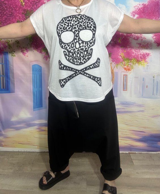 Tee-shirt ample blanc Skulls Calavera TDM Léopard du 38 au 50/52