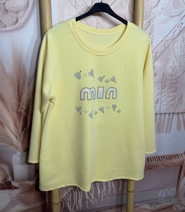 Sweat trapèze ample jaune pastel Min dentelle arc-en-ciel et strass argentés du 38 au 48/50 