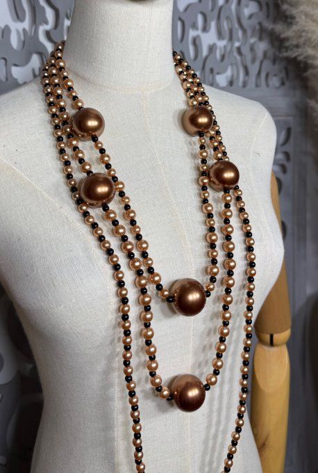 Sautoir 3 rangs perles nacrées irisées noires et grandes boules caramel TOUTES TAILLES