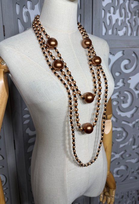 Sautoir 3 rangs perles nacrées irisées noires et grandes boules caramel TOUTES TAILLES
