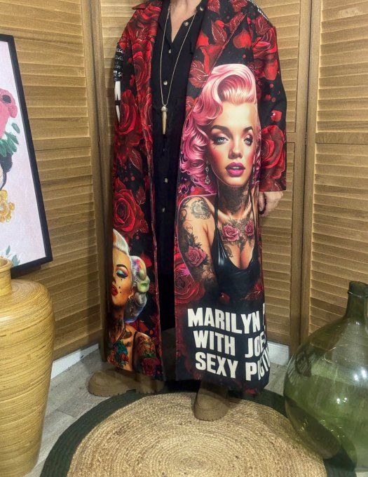 Manteau sans laine long droit ample Marylin Monroe aux Roses Rouges du 40 au 48