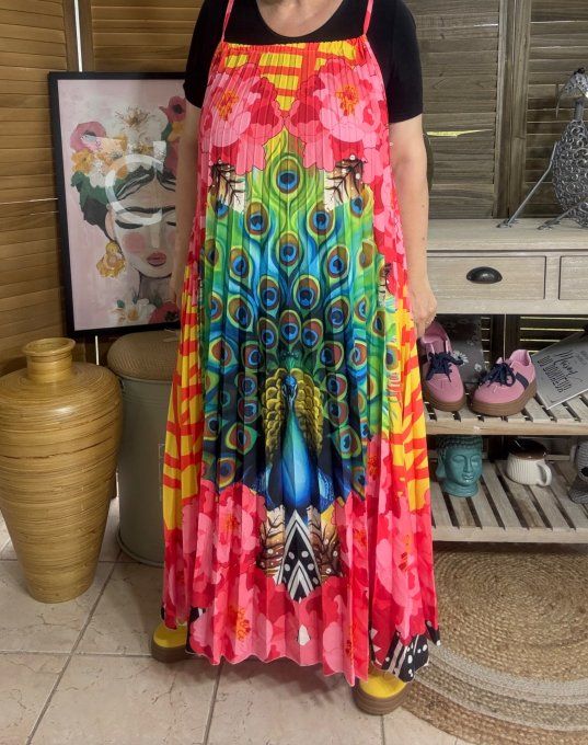 Robe longue plissée bretelles ajustables multicolore Le Paon Majestueux du 38 au 48/50