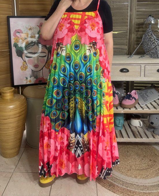 Robe longue plissée bretelles ajustables multicolore Le Paon Majestueux du 38 au 48/50