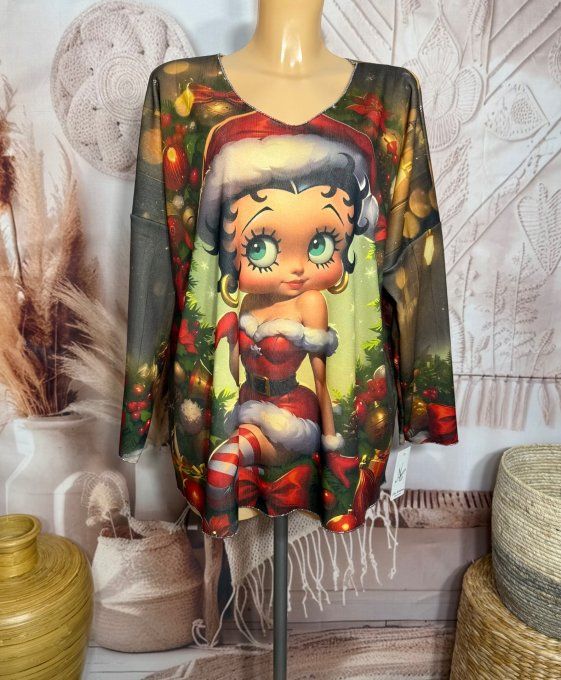 Top manches longues kaki Betty Boop Mère Noël doublé fine polaire du 40 au 54/56  