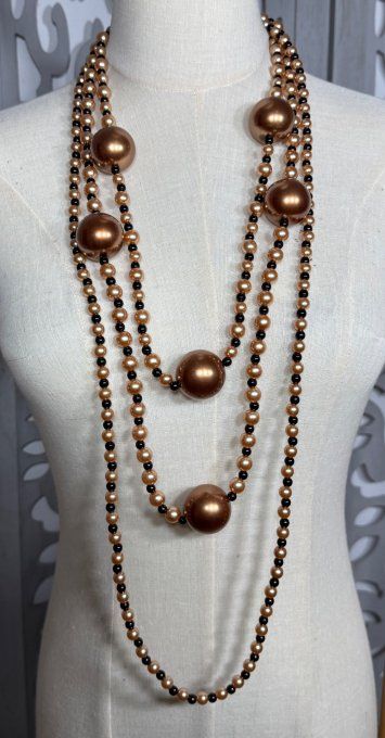 Sautoir 3 rangs perles nacrées irisées noires et grandes boules caramel TOUTES TAILLES