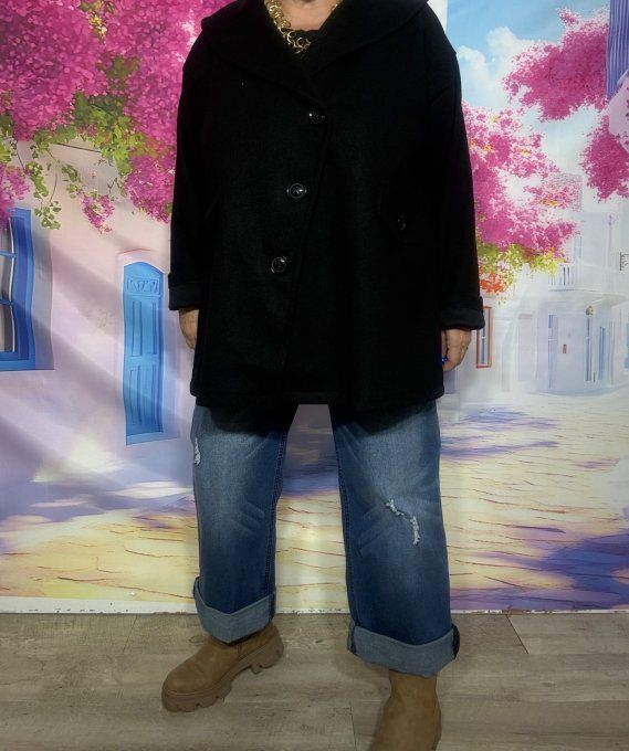 Manteau sans laine court & ample noir fermeture asymétrique du 42 au 54 et même + 