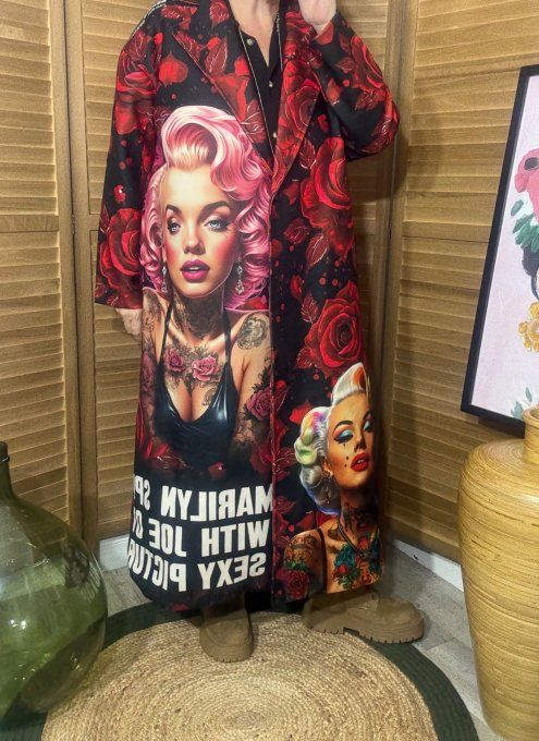 Manteau sans laine long droit ample Marylin Monroe aux Roses Rouges du 40 au 48