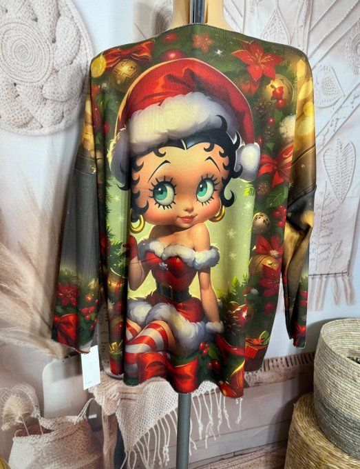 Top manches longues kaki Betty Boop Mère Noël doublé fine polaire du 40 au 54/56  