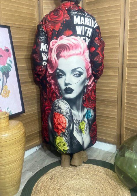 Manteau sans laine long droit ample Marylin Monroe aux Roses Rouges du 40 au 48