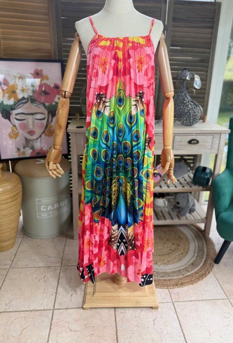 Robe longue plissée bretelles ajustables multicolore Le Paon Majestueux du 38 au 48/50