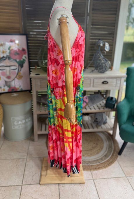Robe longue plissée bretelles ajustables multicolore Le Paon Majestueux du 38 au 48/50