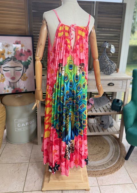 Robe longue plissée bretelles ajustables multicolore Le Paon Majestueux du 38 au 48/50