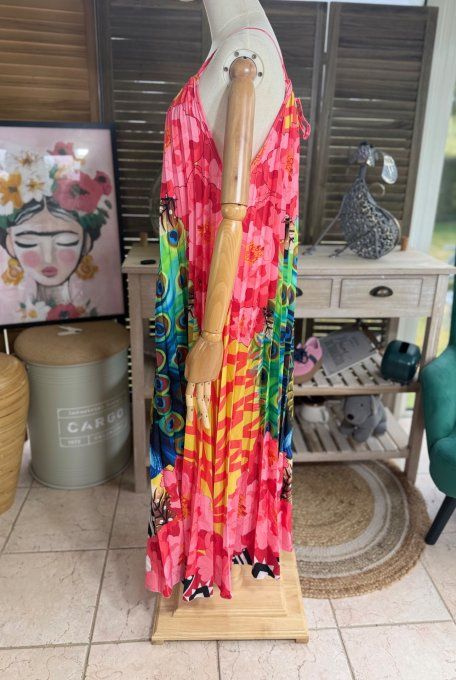 Robe longue plissée bretelles ajustables multicolore Le Paon Majestueux du 38 au 48/50