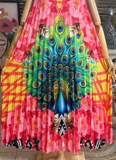 Robe longue plissée bretelles ajustables multicolore Le Paon Majestueux du 38 au 48/50