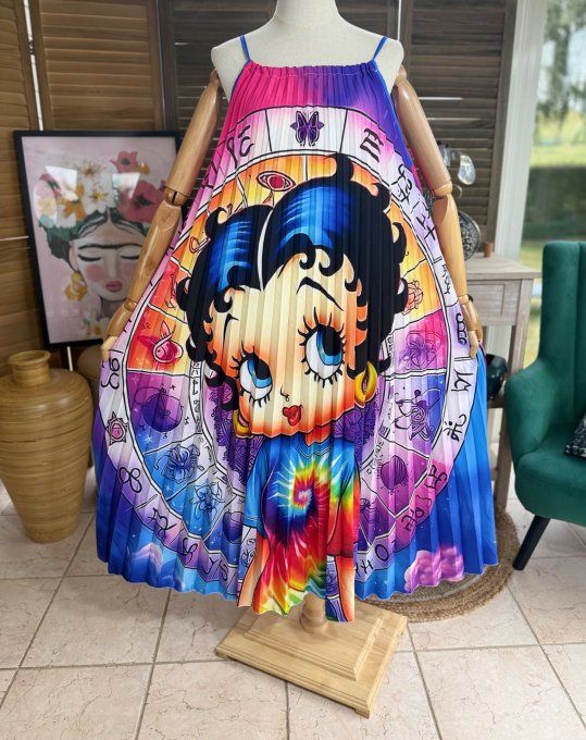 Robe longue plissée bretelles ajustables Arc-en-Ciel Betty Boop du 38 au 48/50