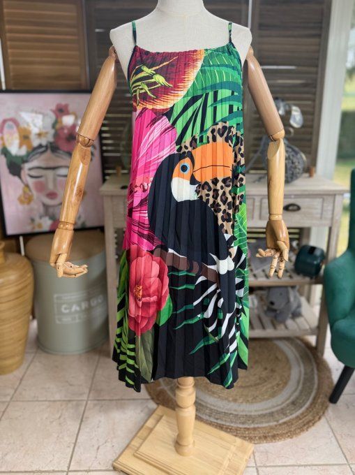 Robe courte plissée bretelles ajustables Jungle Spirit Toucan du 36 au 46