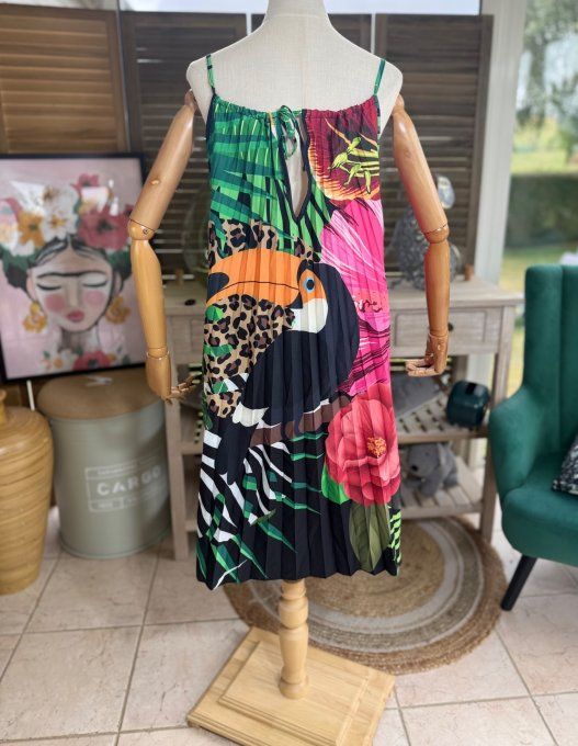 Robe courte plissée bretelles ajustables Jungle Spirit Toucan du 36 au 46
