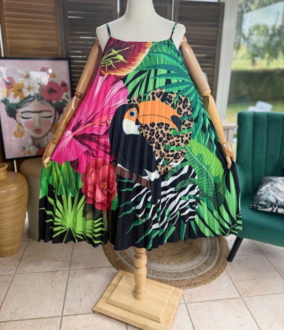 Robe courte plissée bretelles ajustables Jungle Spirit Toucan du 36 au 46