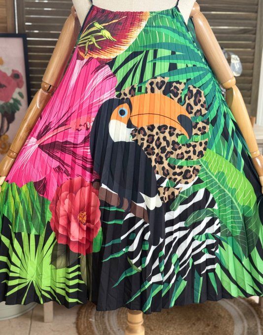 Robe courte plissée bretelles ajustables Jungle Spirit Toucan du 36 au 46