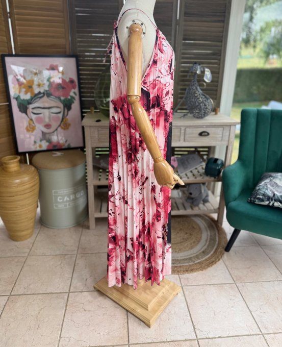 Robe longue plissée bretelles ajustables Frida Kahlo aux Fleurs Roses du 38 au 48/50   
