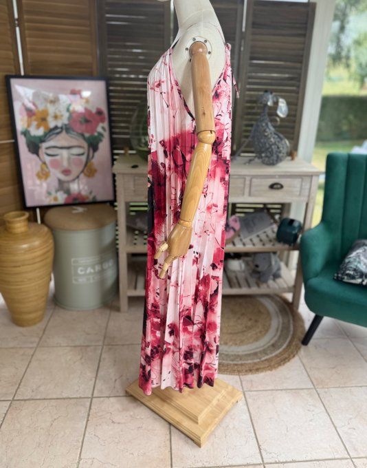 Robe longue plissée bretelles ajustables Frida Kahlo aux Fleurs Roses du 38 au 48/50   