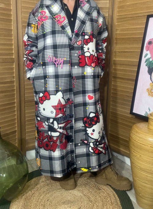 Manteau sans laine long droit ample Carreaux Tartan Hello Kitty du 40 au 48