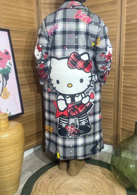 Manteau sans laine long droit ample Carreaux Tartan Hello Kitty du 40 au 48