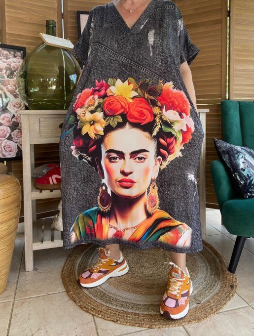 Robe longue effet jeans noir délavé Viva Frida Kahlo du 40 au 50/52