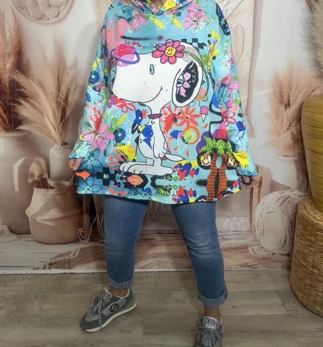 Sweat à capuche ample ciel Snoopy Hippie Flowers Vibes du 40 au 52/54 