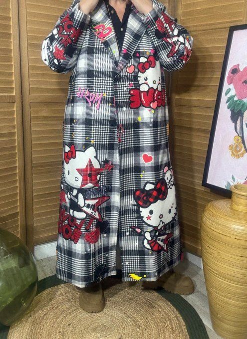 Manteau sans laine long droit ample Carreaux Tartan Hello Kitty du 40 au 48