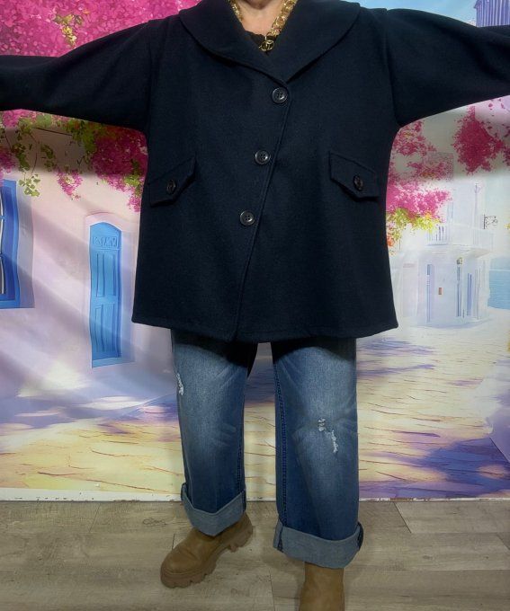 Manteau sans laine court & ample marine fermeture asymétrique du 42 au 54 et même + 