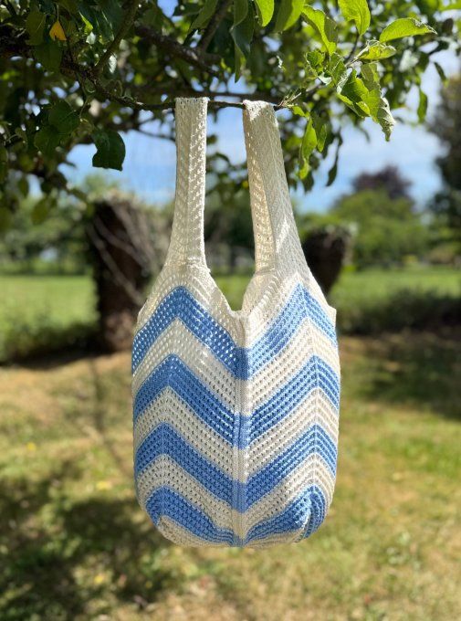 Sac Fourre-Tout Tulipe en crochet rayé crème bleu Bohème Chic Plage Summer Vibes qualité ++++ 