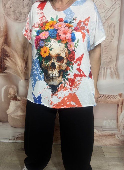 Top ample blanc Skulls Flowers & Stars Lurex argenté du 40 au 48/50
