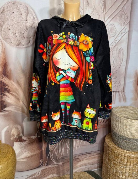 Sweat à capuche long velours La Fillette aux Chats paillettes douceur +++ du 38 au 50