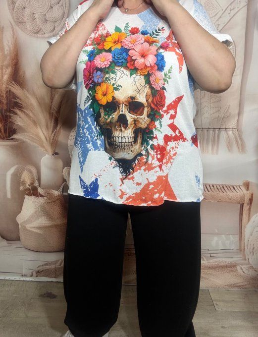 Top ample blanc Skulls Flowers & Stars Lurex argenté du 40 au 48/50