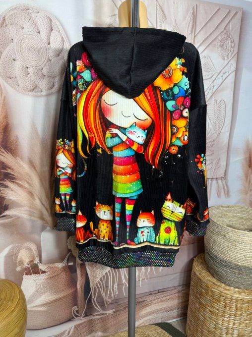 Sweat à capuche long velours La Fillette aux Chats paillettes douceur +++ du 38 au 50
