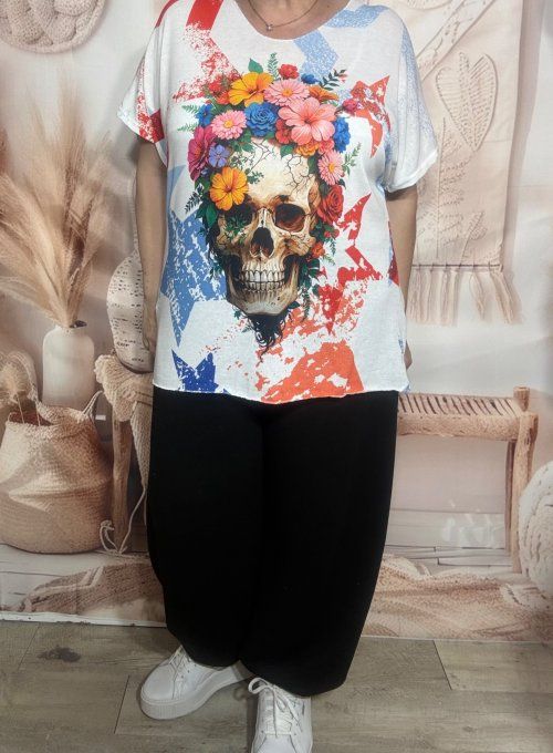 Top ample blanc Skulls Flowers & Stars Lurex argenté du 40 au 48/50